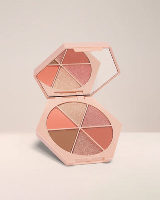 EM Cosmetics Divine Skies Eyeshadow Palette in Magic Hour, featuring 6 rosy nude shades for a romantic eye look.