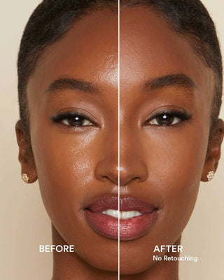 Before and after on a model with medium skin, showing the blurring effect of EM Cosmetics Portrait Mode Powder