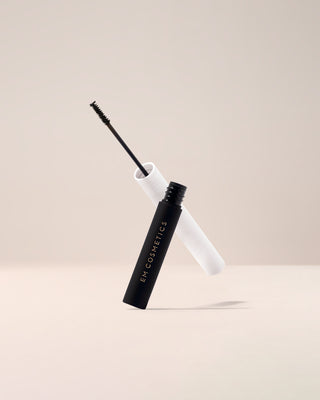 EM Cosmetics Micro-Fluff Sculpting Brow Cream in Soft Ebony, a black-brown for defined, high-impact, fluffy eyebrows.
