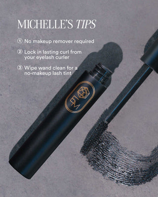 How-to-use infographic for the EM Cosmetics Shapeshift Tubing Mascara, showing how to build length and volume.