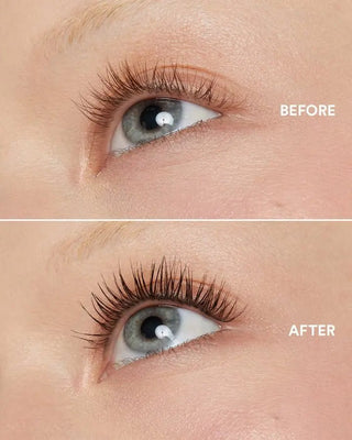 Before and after on a model with dark skin showing lengthened lashes with EM Cosmetics Shapeshift Mascara
