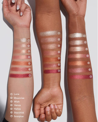 Arm swatch of EM Cosmetics Cosmic Pearl Eyeshadow in Scorpius, highlighting the intense metallic pigment.