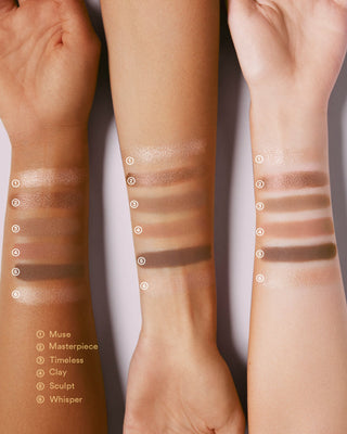 Three arms with different skin tones swatching the EM Cosmetics Divine Skies Eyeshadow Palette in Rodin.