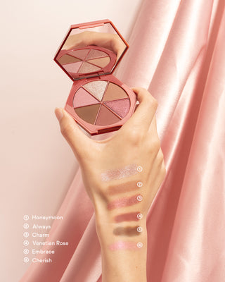 Stylized product shot of EM Cosmetics Divine Skies Palette in Venetian Rose, highlighting its elegant packaging.