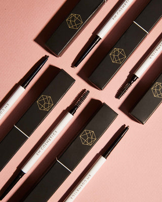 EM Cosmetics Fine Liner Brow Pencil in Deep Taupe with cap off showing the ultra-slim tip.