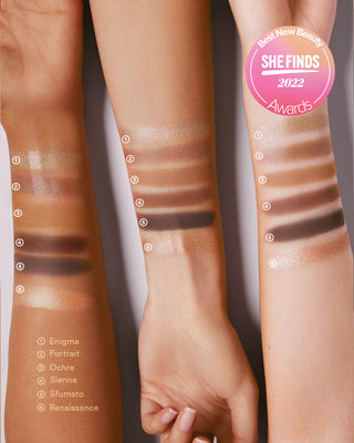 SheFinds award seal featuring EM Cosmetics Divine Skies Eyeshadow Palette in Da Vinci, a top-rated neutral palette.